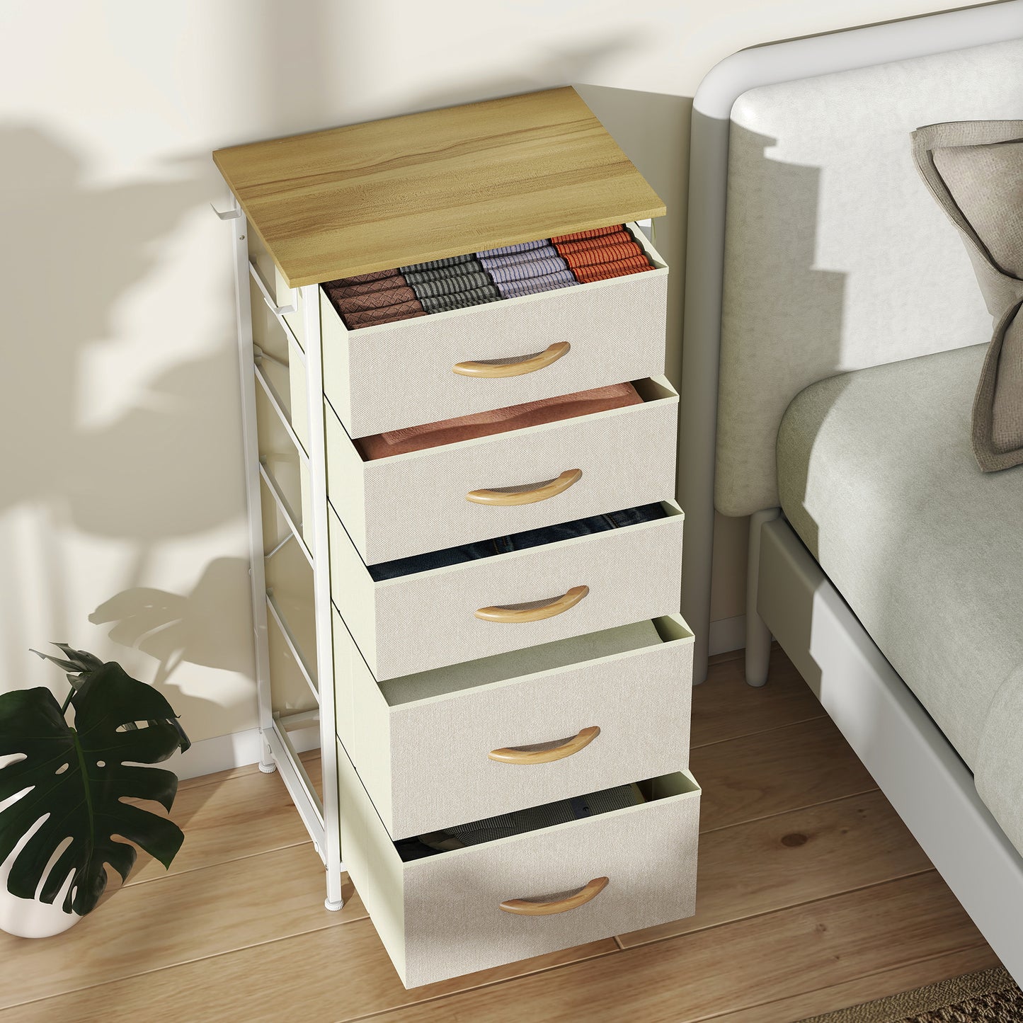 HOMCOM Five Fabric Drawer Chest Beige With Steel Frame And X Bar Support For Bedroom Storage