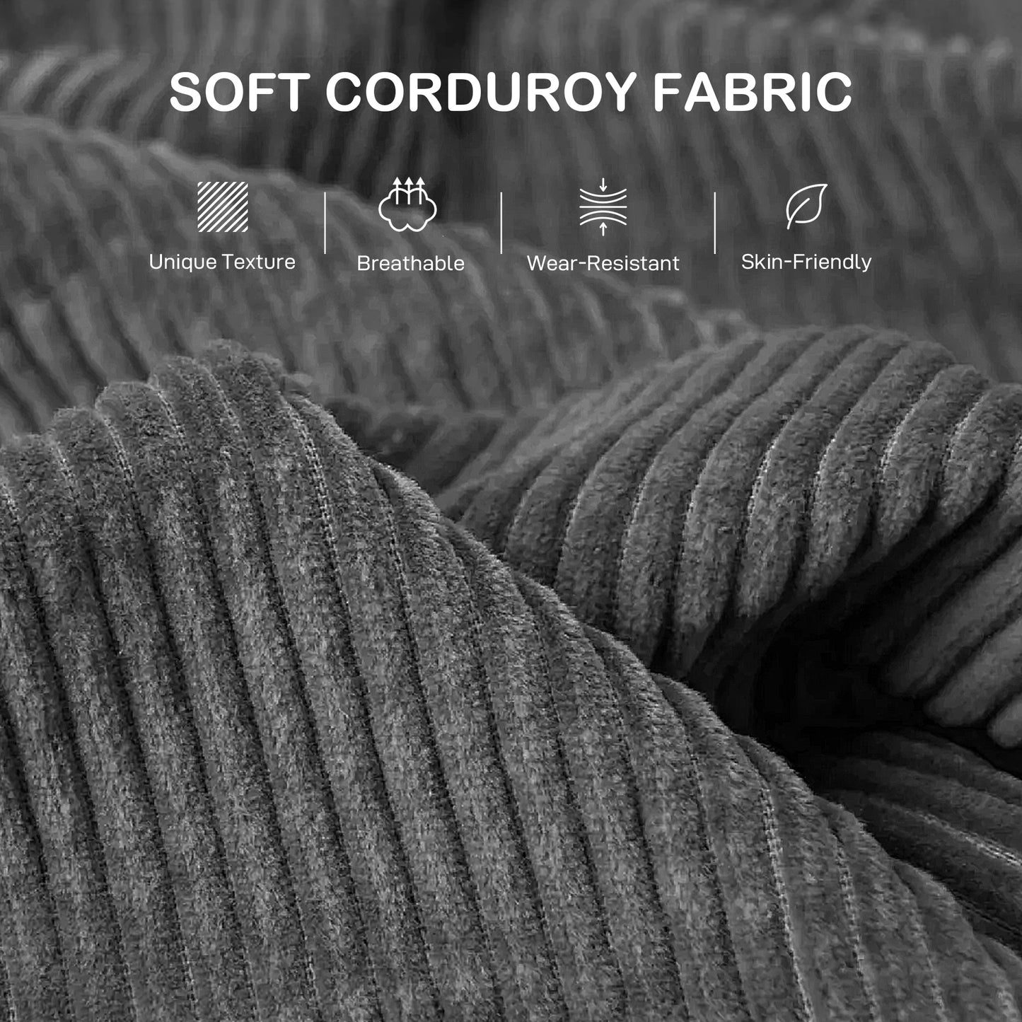 HOMCOM Modern 3 Seater Sofa 212 cm Corduroy Fabric With Spring Cushions And 2 Scatter Cushions Grey Living Room