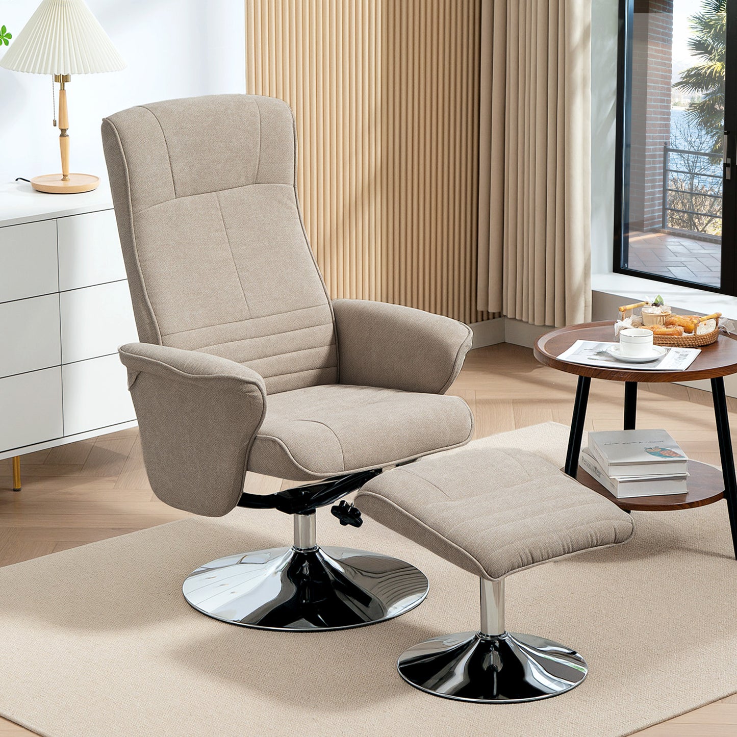 HOMCOM Velvet Swivel Recliner Chair With Ottoman Footstool Steel Base Beige Upholstered Armchair For Living Room Office