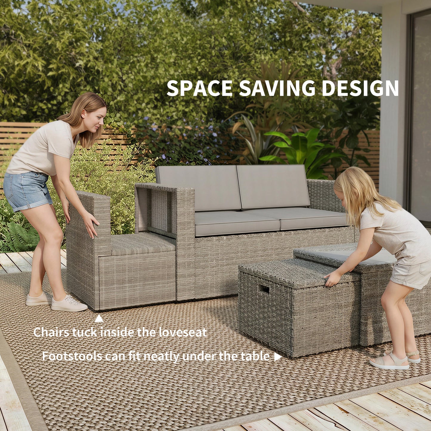 Outsunny Rattan Garden Furniture Set Nesting Patio Conversation Set With Loveseat Chairs Table Footstools Dark Grey