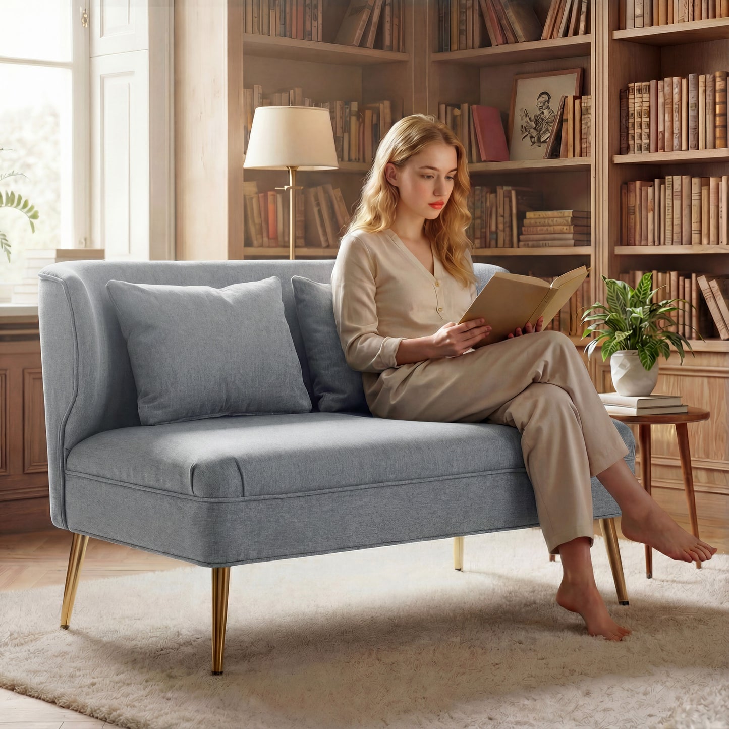 HOMCOM 2 Seater Sofa In Linen Look Fabric With Wing Back Thick Foam Seat Metal Legs Light Grey