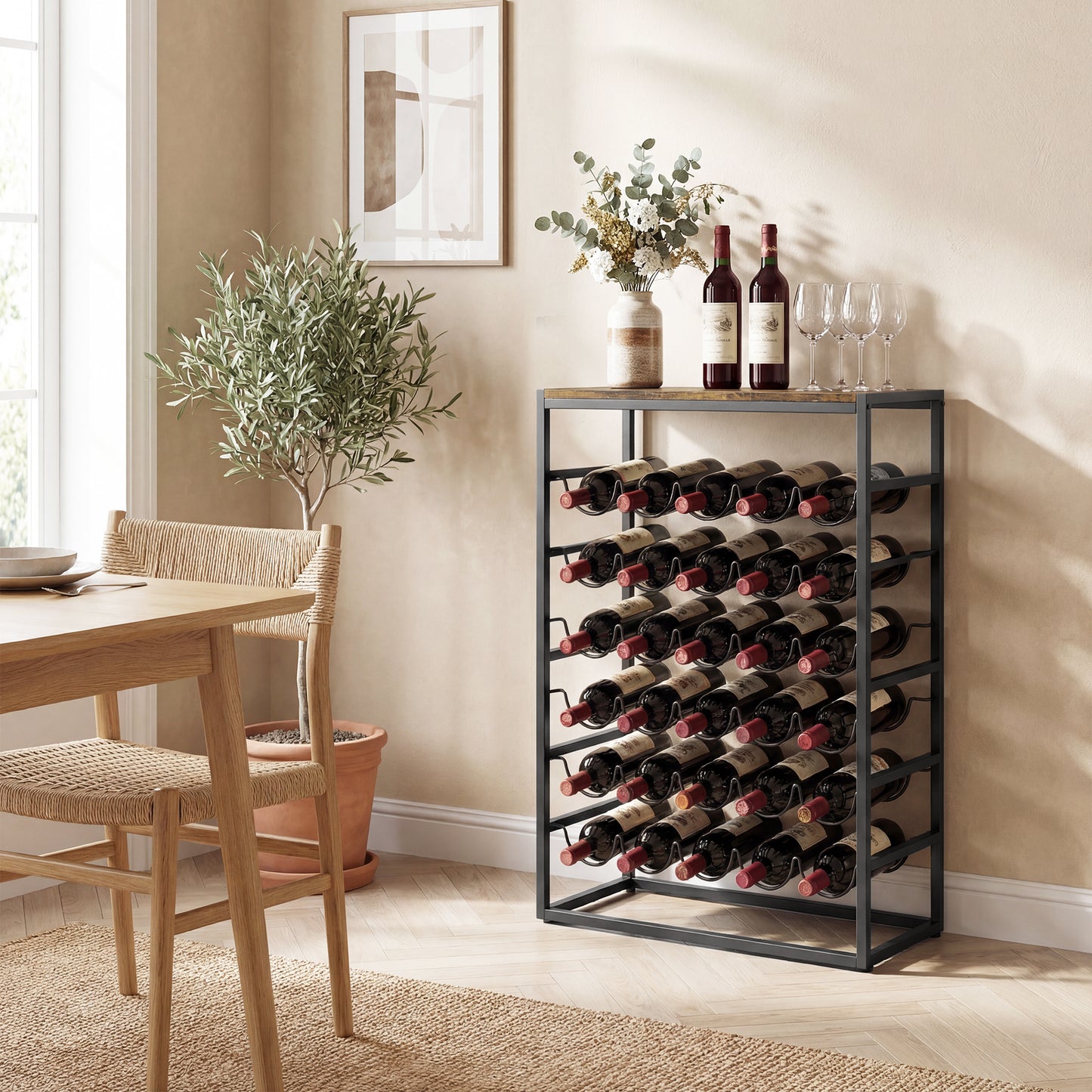 HOMCOM 30 Bottles Wine Rack 6 Tier Free Standing Wine Storage Holder With Wood Effect Tabletop Rustic Brown