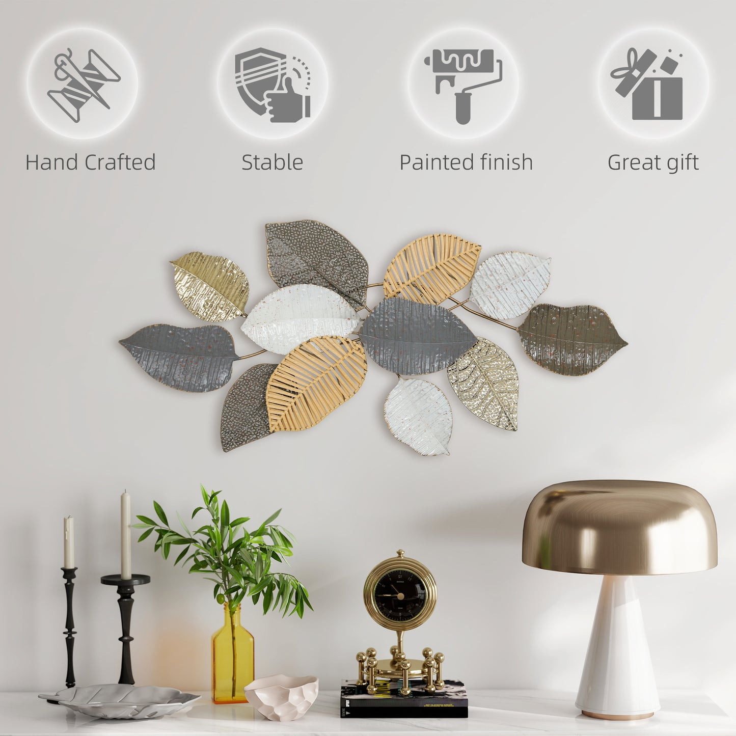 HOMCOM Metal Wall Art Modern Leaf Design Hanging Decor For Living Room Bedroom And Entryway 90.5W x 49H x 5D cm