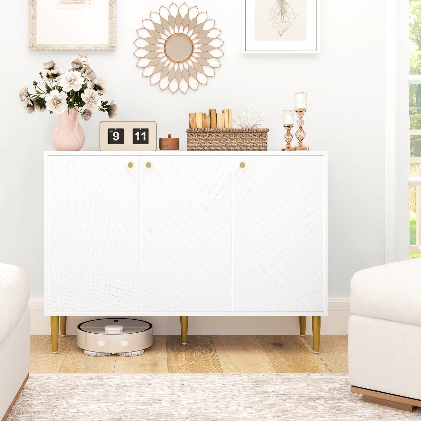 HOMCOM Elegant Two Cupboard Sideboard White Gold Tone With Adjustable Shelves Durable Melamine Finish