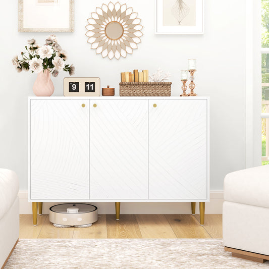 HOMCOM Elegant Two Cupboard Sideboard White Gold Tone With Adjustable Shelves Durable Melamine Finish