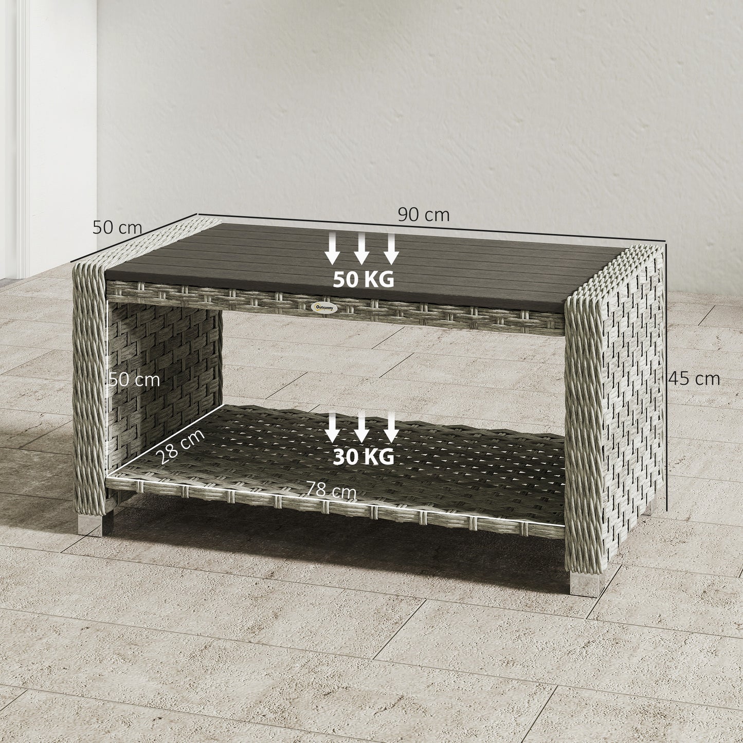 Outsunny Outdoor Coffee Table With Storage Shelf Slatted Top PE Rattan Water Resistant Grey