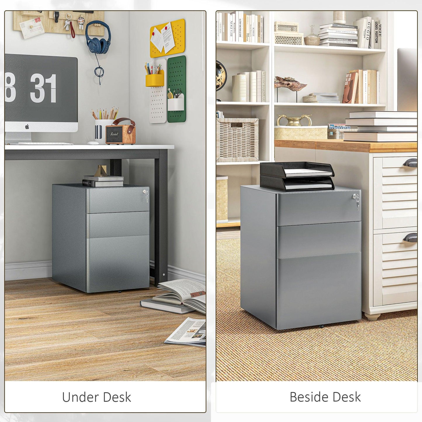 Vinsetto 3 Drawer Metal Filing Cabinet Lockable 5 Wheels Compact Under Desk Grey - ALL4U RETAILER LTD