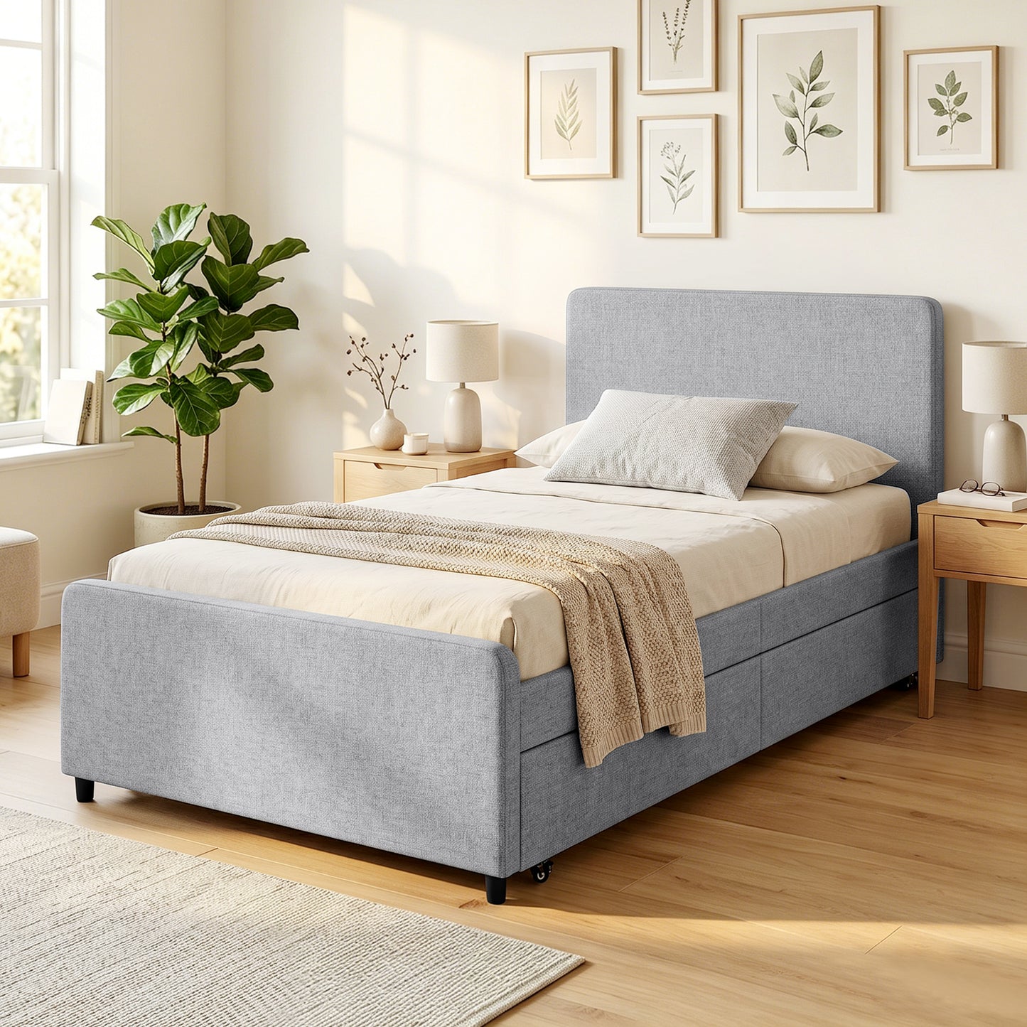 HOMCOM 3ft Single Bed Frame with Trundle Upholstered Pull Out Trundle Bed with Headboard And Footboard Light Grey