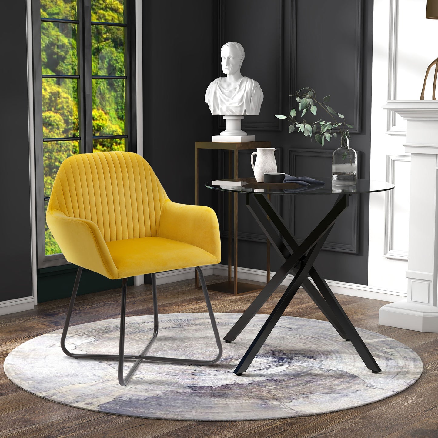 HOMCOM Modern Velvet Tub Chair And Round Coffee Table Set In Black And Yellow For Living Rooms