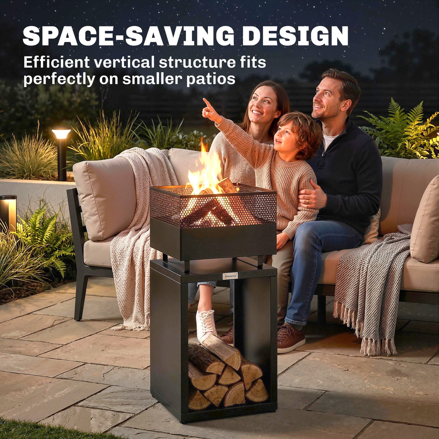 Outsunny Outdoor Fire Pit With Wood Storage 87 CM Black Heavy Gauge Metal Wood Burning With Mesh Sides