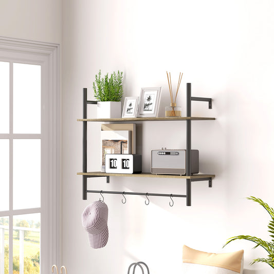 HOMCOM Wall Mounted Floating Shelves With 4 Hooks Rustic Grey Wall Shelf Unit For Living Room And Entryway