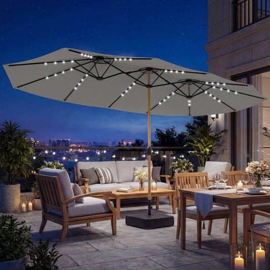 Outsunny Double Sided Garden Parasol With Base Included 48 Solar LED Lights Patio Umbrella Crank Handle 4.6m Light Grey