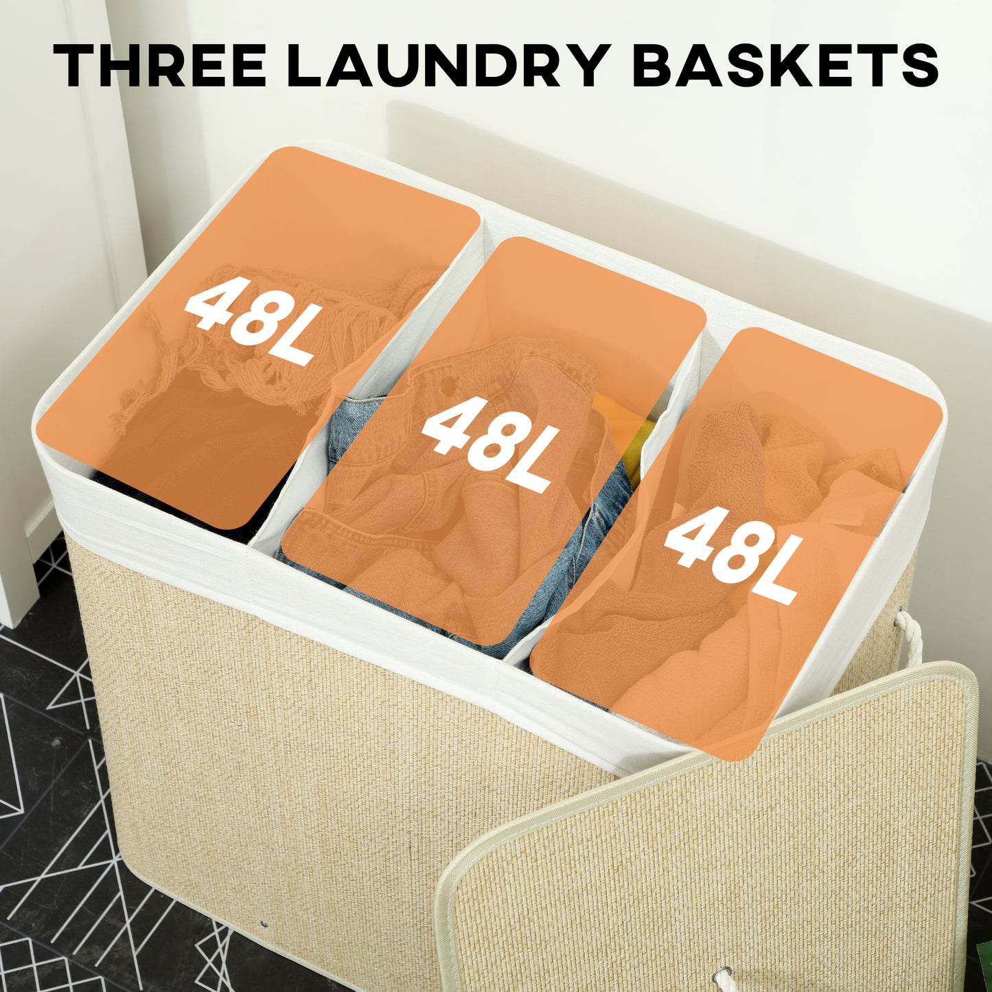 HOMCOM 3 Section Laundry Hamper With Lid 144L Bamboo Laundry Basket With Handles Removable Washable Liner Cream White