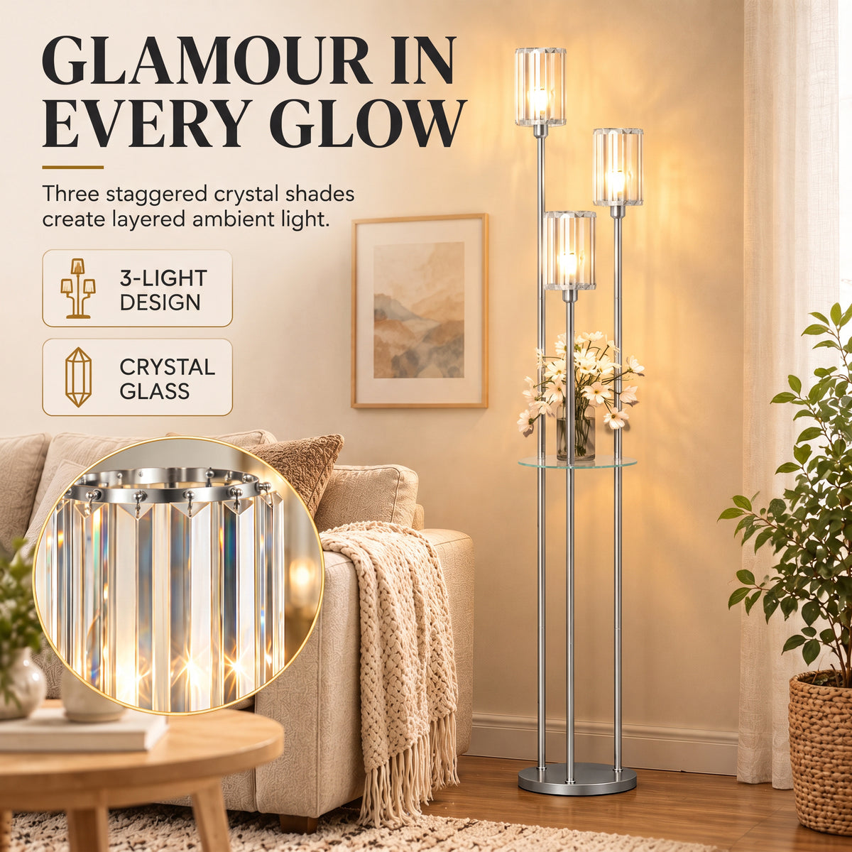 Chrome crystal floor lamp with three tiered crystal shades and visible glowing bulbs