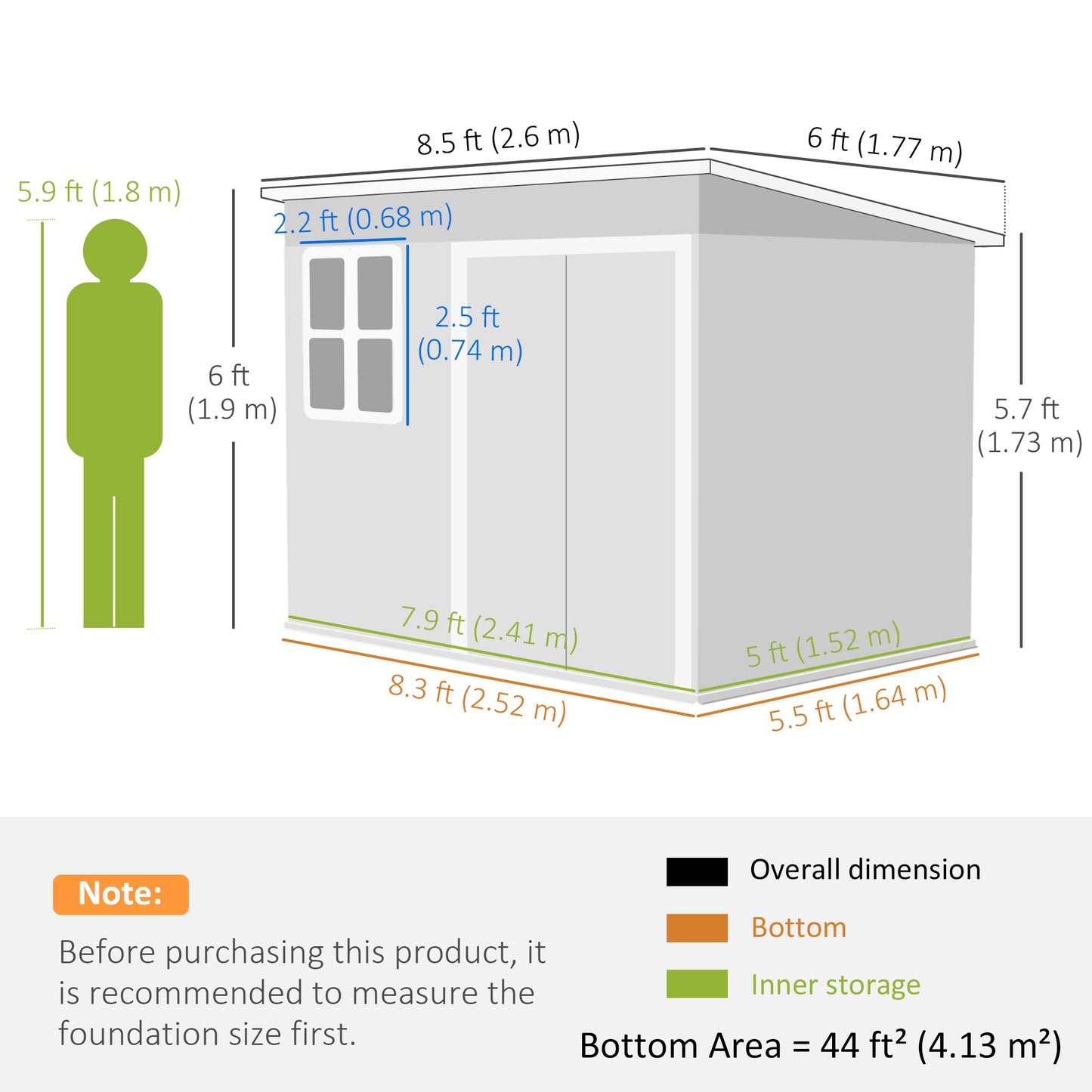 Outsunny 8.5 x 6ft Galvanised Steel Storage Shed With Foundation Kit Window Lockable Wide Doors Air Vents Dark Grey