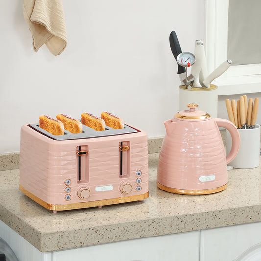 HOMCOM 3000W 1.7L Kettle And 4 Slice Toaster Set With 7 Browning Controls And Crumb Tray Light Pink