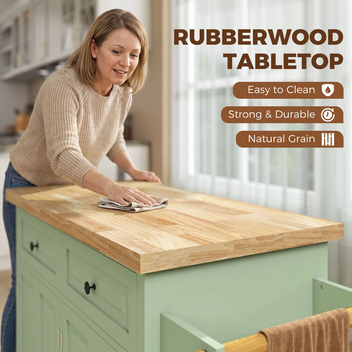 Homcom Rolling Kitchen Island Storage Cart With Rubber Wood Top Light Green