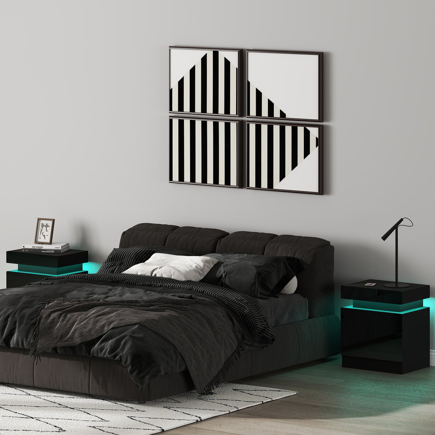 HOMCOM High Gloss Front Bedside Tables Set Of 2 With RGB LED Light And 2 Drawers For Bedroom Living Room Black