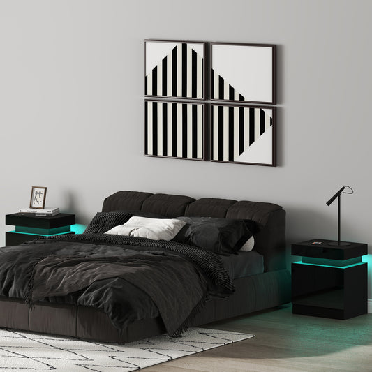 HOMCOM High Gloss Front Bedside Tables Set Of 2 With RGB LED Light And 2 Drawers For Bedroom Living Room Black