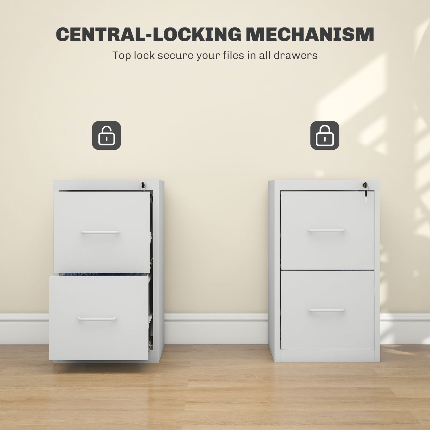 Modern White Steel Filing Cabinet with Two Drawers and Central Locking System - ALL4U RETAILER LTD