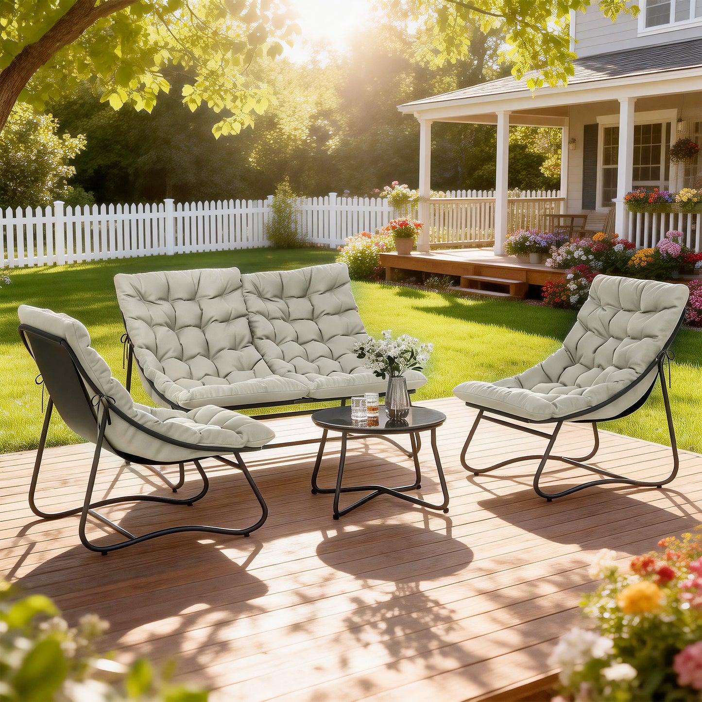 Outsunny 4 Seater Garden Set With Loveseat Sofa Chairs Glass Coffee Table Cushions Steel Outdoor Sofa Light Grey