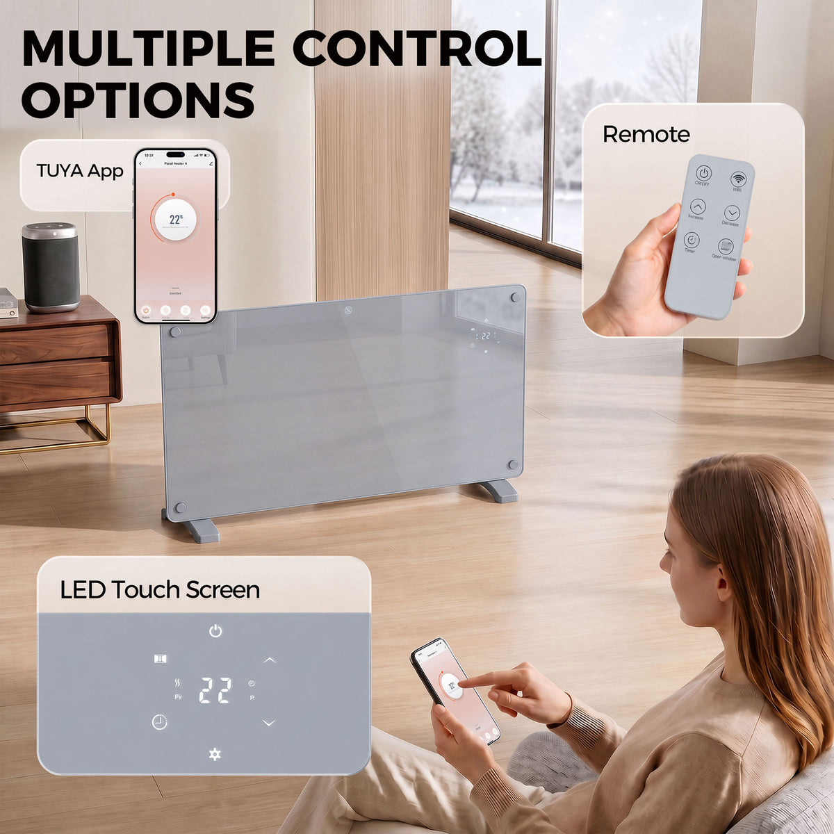 HOMCOM 1500W Smart Panel Heater Wall Mounted Weekly Timer Grey