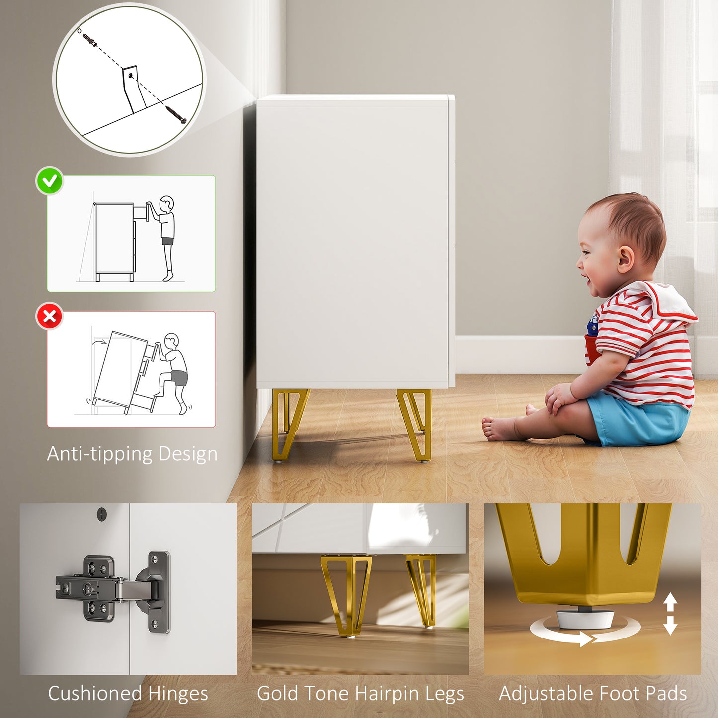 HOMCOM Modern Luxe High Gloss Sideboard White With Hairpin Legs Gold Colored Two Large Storage Compartments
