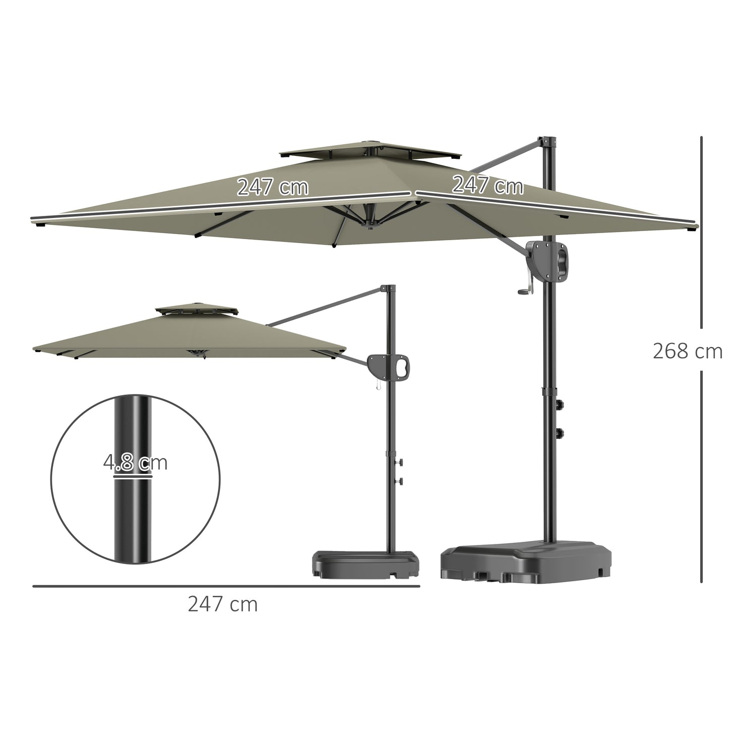 Outsunny Cantilever Parasol With Weighted Base Double Top Square Hanging Patio Umbrella Crank Tilt Light Grey