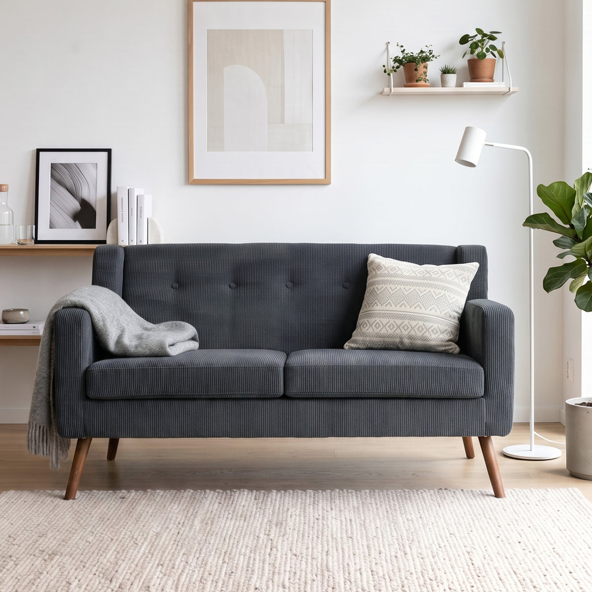 Gray corduroy loveseat with tufted back and two seat cushions, wooden legs