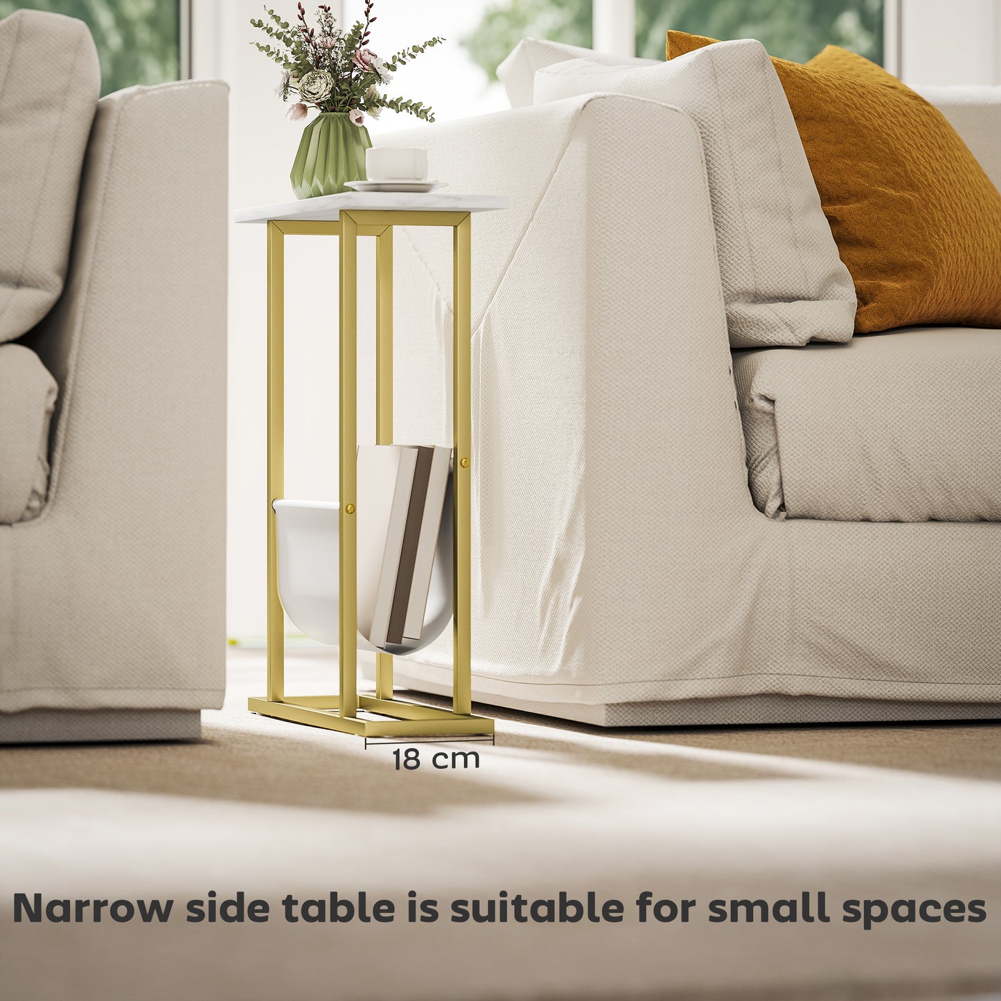 HOMCOM Narrow Side Table With Magazine Holder End Table For Small Spaces Living Room Bedroom White Marble Grain