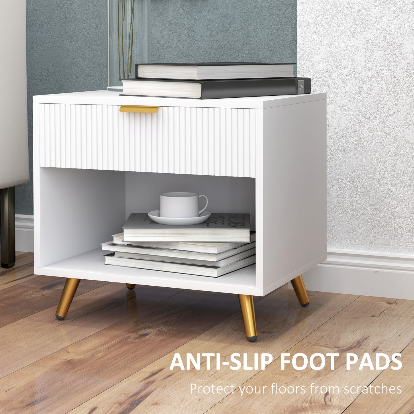 HOMCOM Bedside Tables Set of 2 White With Drawer and Open Compartment Nightstands for Bedroom and Living Room