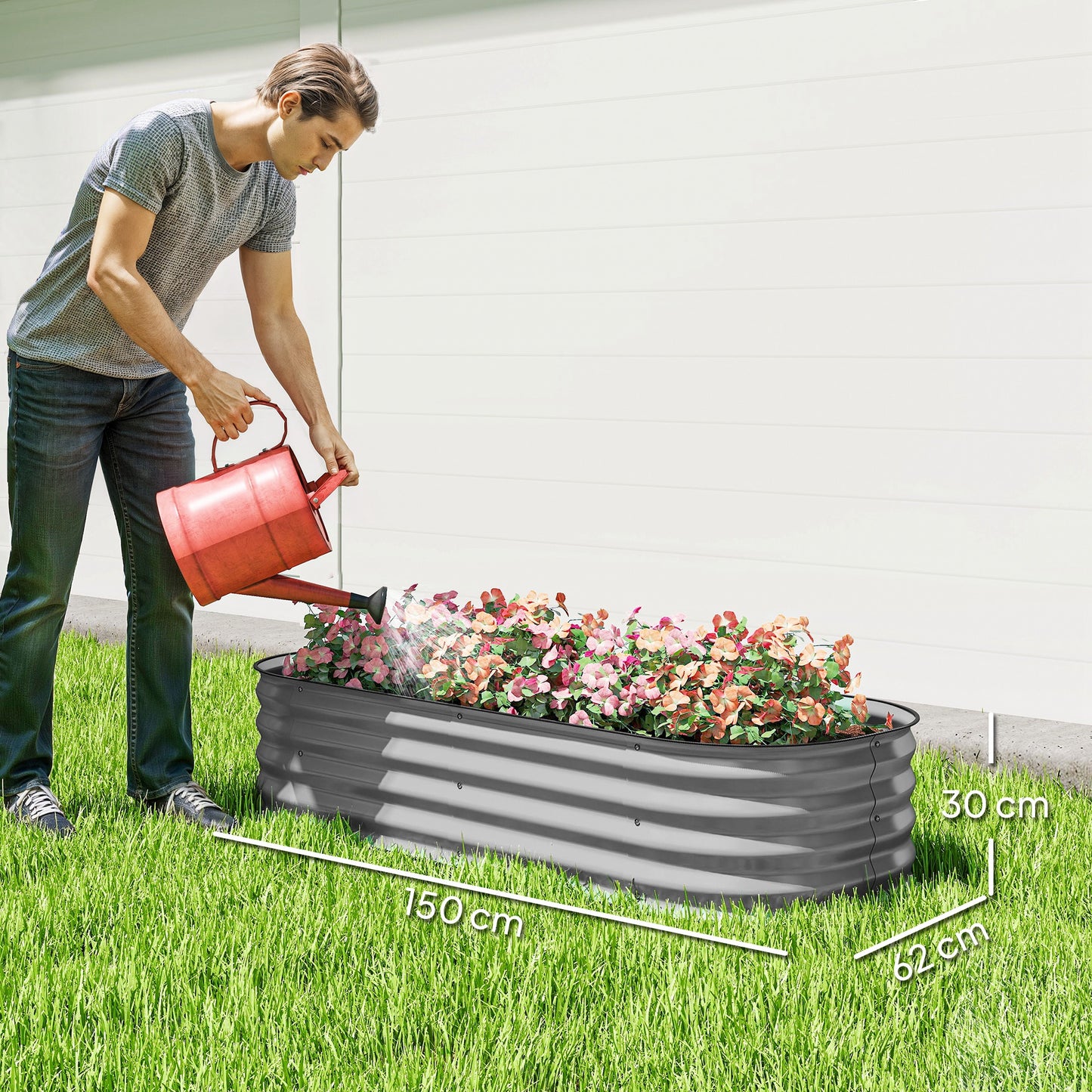 Outsunny Galvanised Raised Garden Bed Planter Box With Safety Edging For Flowers Herbs And Succulents Silver