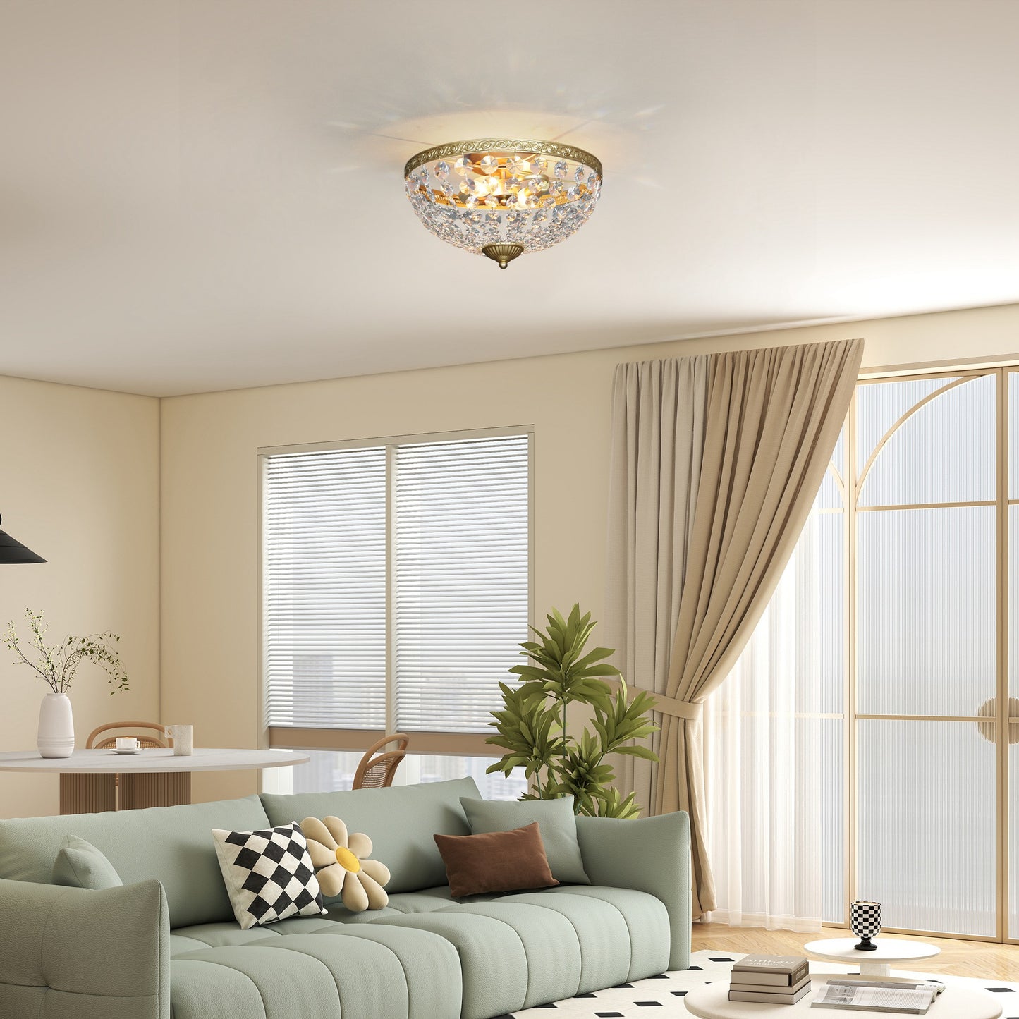 HOMCOM Crystal Chandelier Ceiling Light 168 Octagonal Beads Vintage Two Light Flush Mount Gold Tone For Living Room