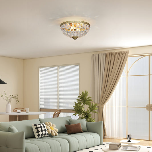 HOMCOM Crystal Chandelier Ceiling Light 168 Octagonal Beads Vintage Two Light Flush Mount Gold Tone For Living Room