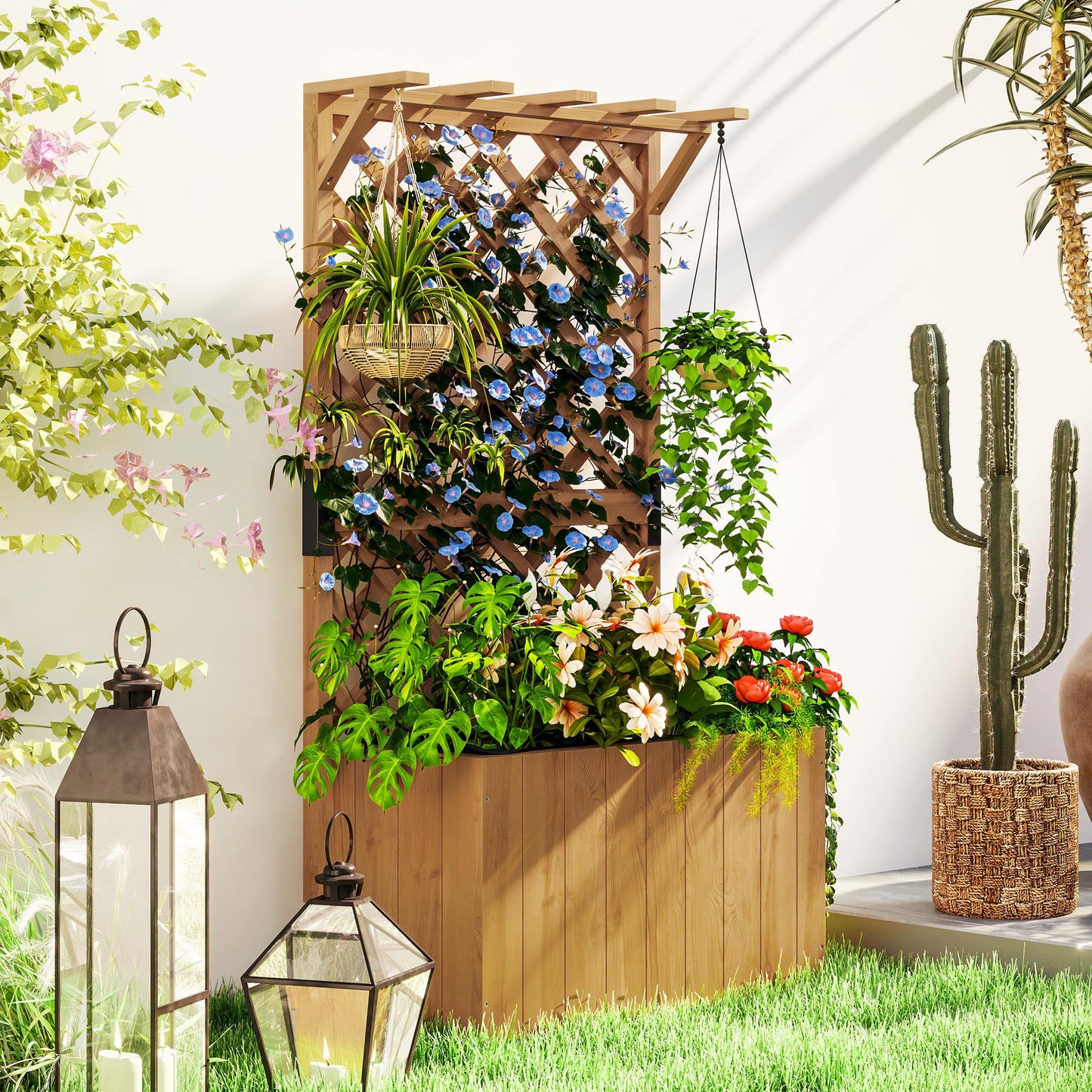 Outsunny Wooden Planter With Trellis Freestanding Raised Garden Bed Drainage Holes Liner Outdoor Natural