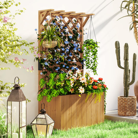 Outsunny Wooden Planter With Trellis Freestanding Raised Garden Bed Drainage Holes Liner Outdoor Natural