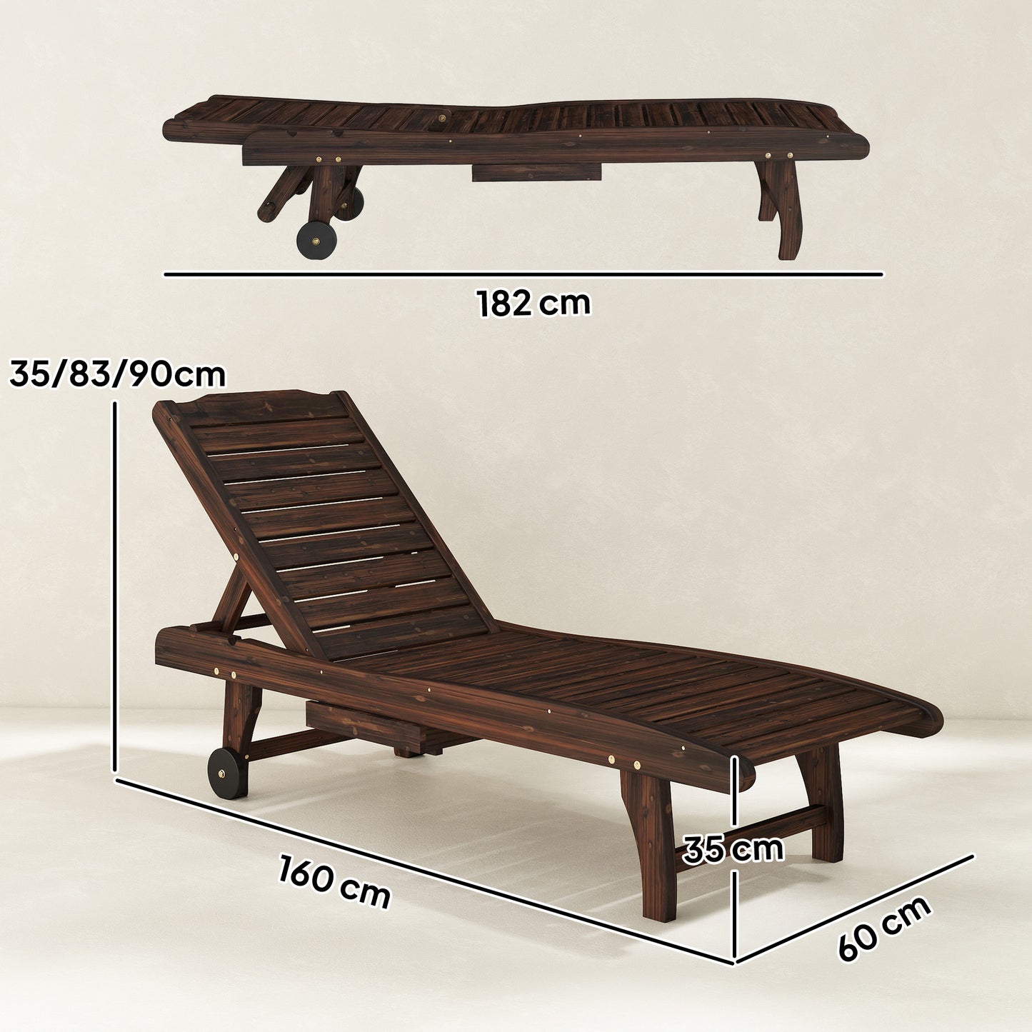 Outsunny Outdoor Wooden Sun Lounger With Built In Table Carbonised Finish Three Position Backrest And Side Tray