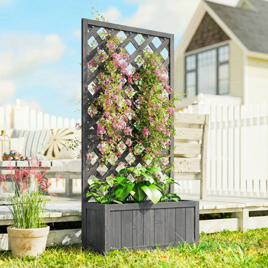 Outsunny Wood Planter With Trellis For Climbing Plants Raised Bed Planter Box With Drainage Holes Grey