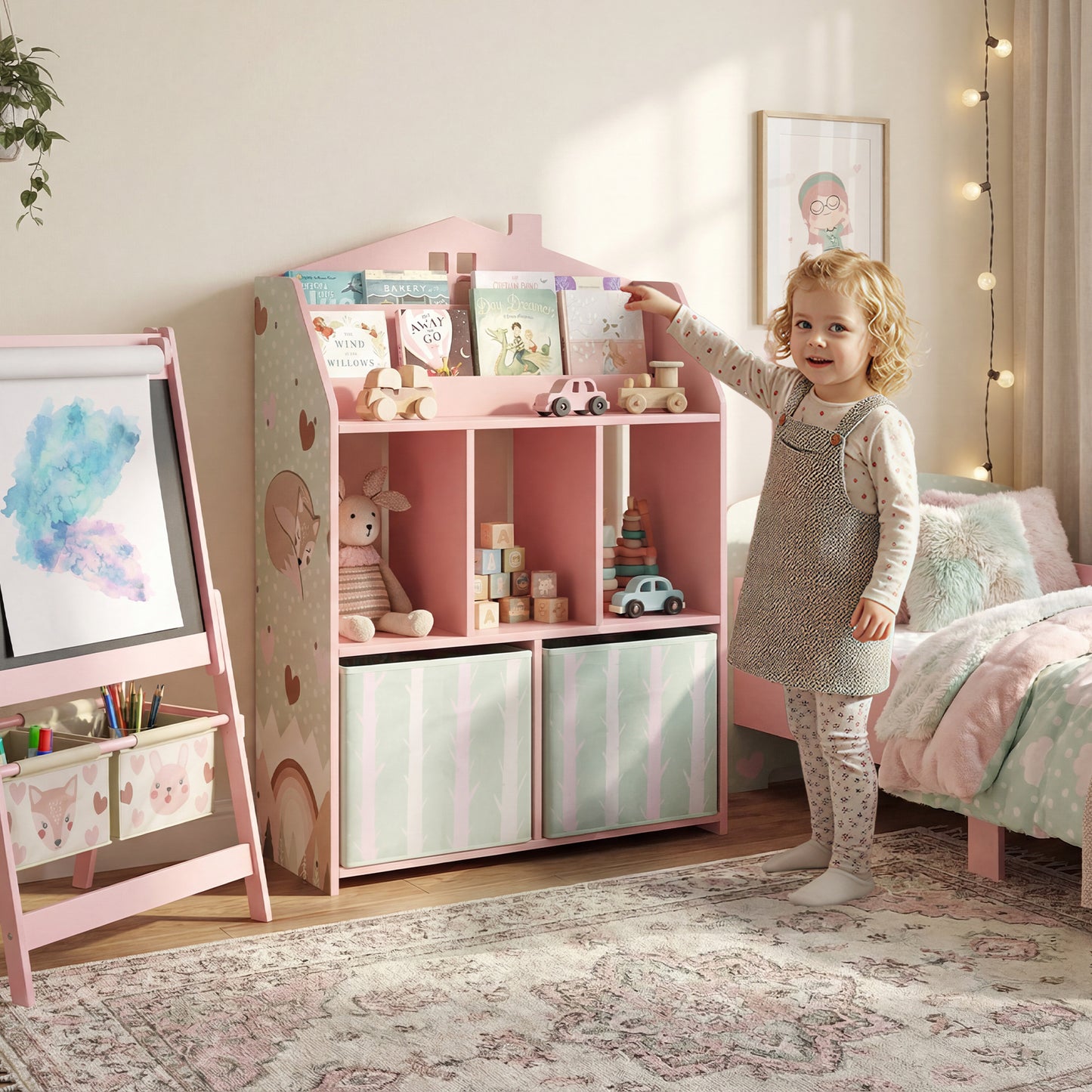 AIYAPLAY Kids Bookshelf With Storage Toy Display Shelves And Fabric Drawers Pink Playroom Nursery