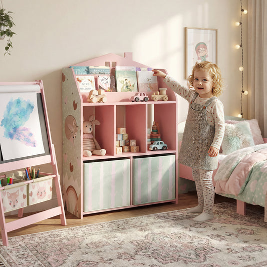 AIYAPLAY Kids Bookshelf With Storage Toy Display Shelves And Fabric Drawers Pink Playroom Nursery