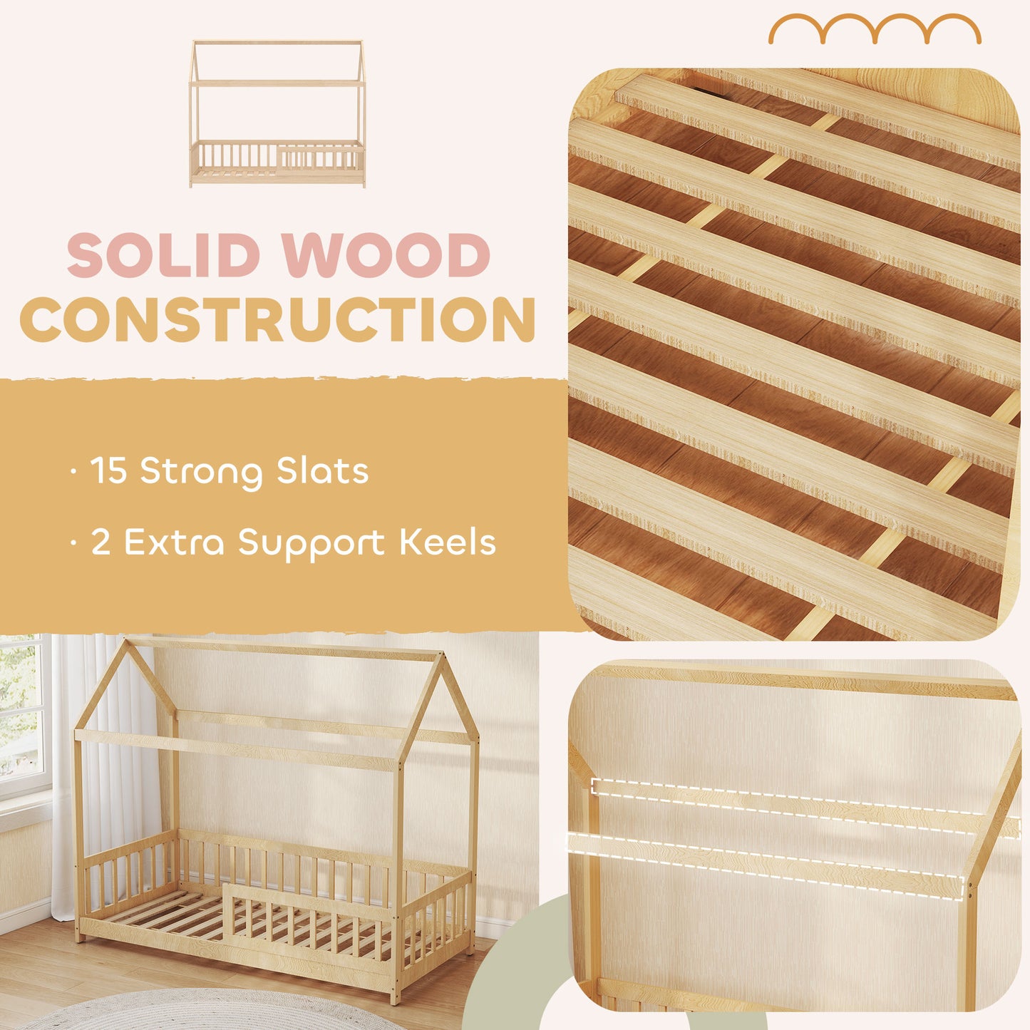 HOMCOM House Shaped Kids Bed Frame With Guard Rails Made From Solid Pine Wood Natural Finish Single Bed