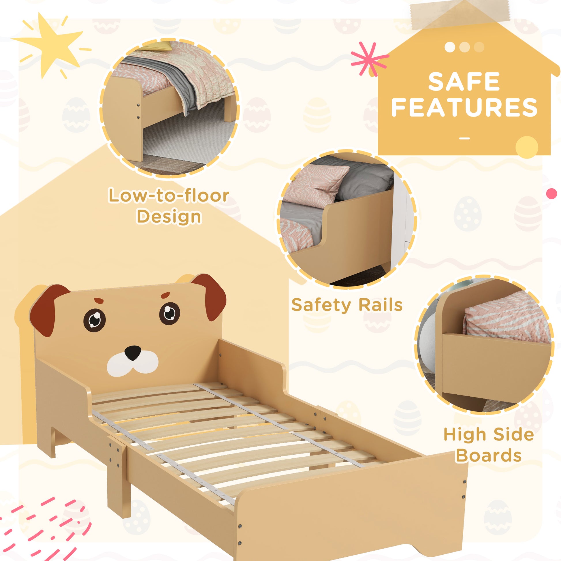 ZONEKIZ Puppy-Themed Kids Bed for Ages 3-6, Compact Yellow Design, 143 x 74 x 58 cm - ALL4U RETAILER LTD