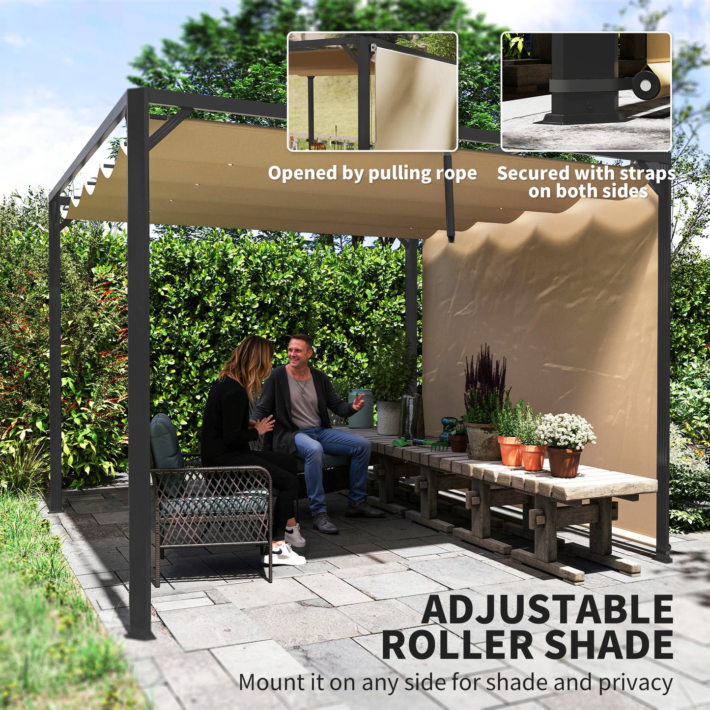 Outsunny 3 x 3m Aluminium Pergola With Retractable Roof And Side Panel Khaki Outdoor Shelter For Garden
