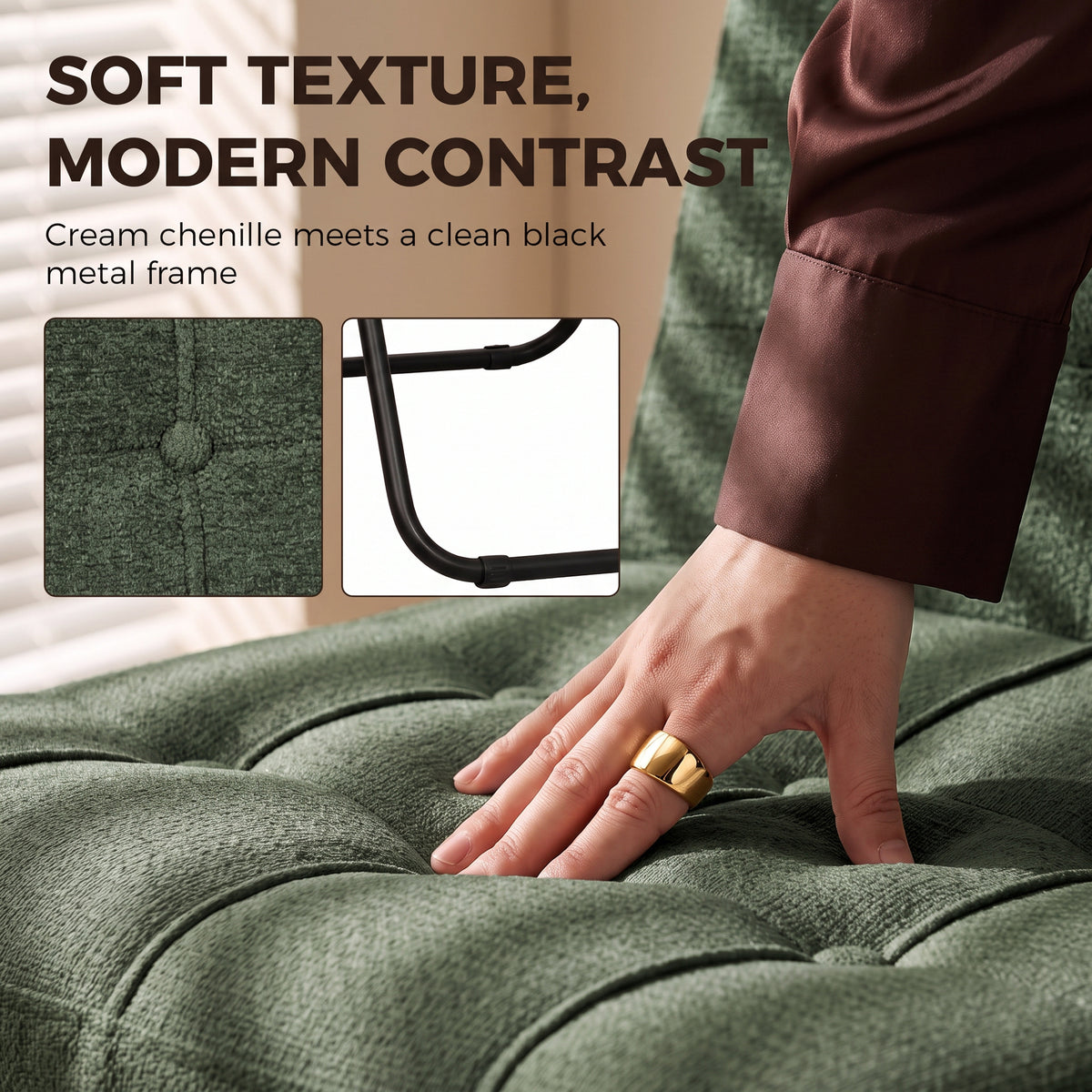 Dark green chenille seat cushion with button tufting and black metal frame, hand resting