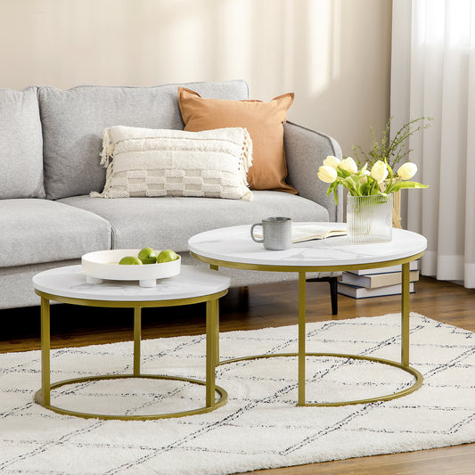 HOMCOM Modern Round Nesting Coffee Tables Set with Faux Marble Top and Metal Frame, White and Gold Accent - ALL4U RETAILER LTD