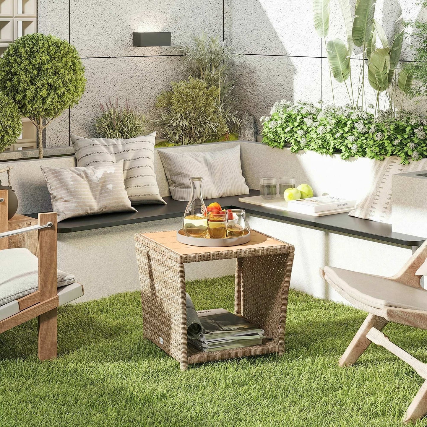 Outsunny Side Table 2 Tier Outdoor Coffee Table With Storage Shelf PS Wood Slat Top Khaki