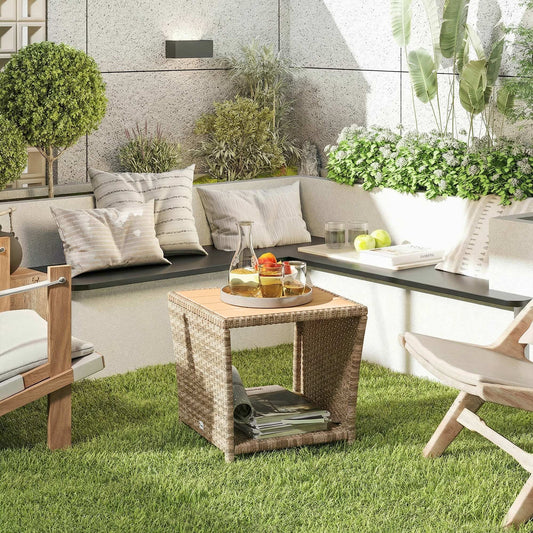 Outsunny Side Table 2 Tier Outdoor Coffee Table With Storage Shelf PS Wood Slat Top Khaki