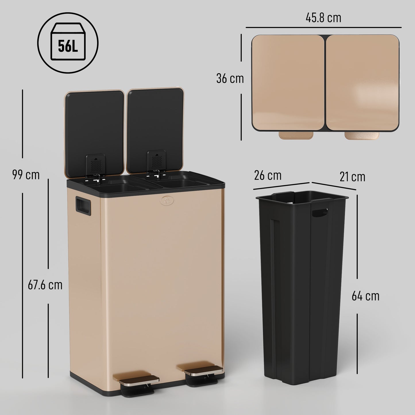 HOMCOM 56L Dual Compartment Stainless Steel Bin With Deodoriser Holders Gold Tone