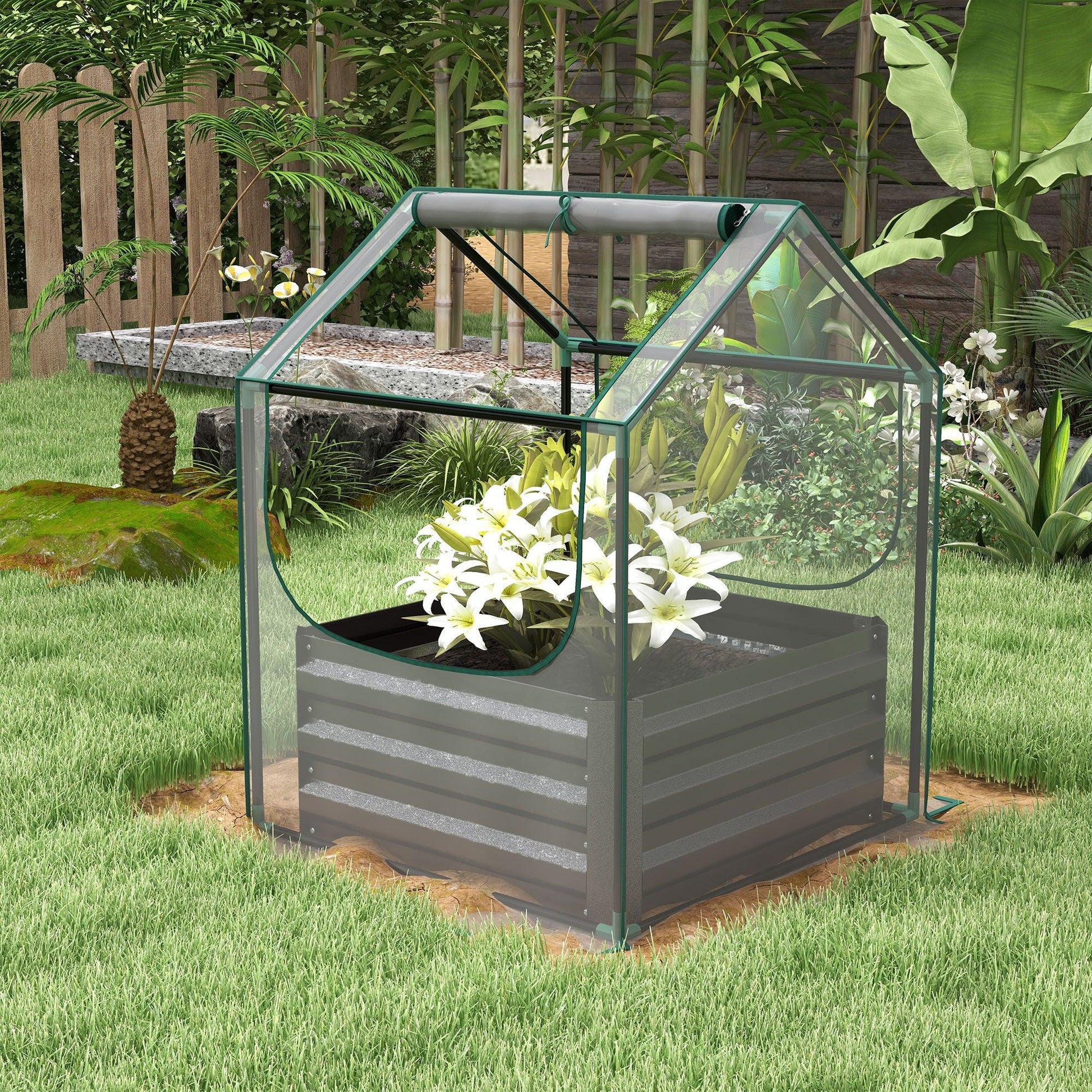 Outsunny Metal Planter Box with Cover, Raised Garden Bed with Greenhouse, for Herbs and Vegetables, Clear and Dark Grey - ALL4U RETAILER LTD