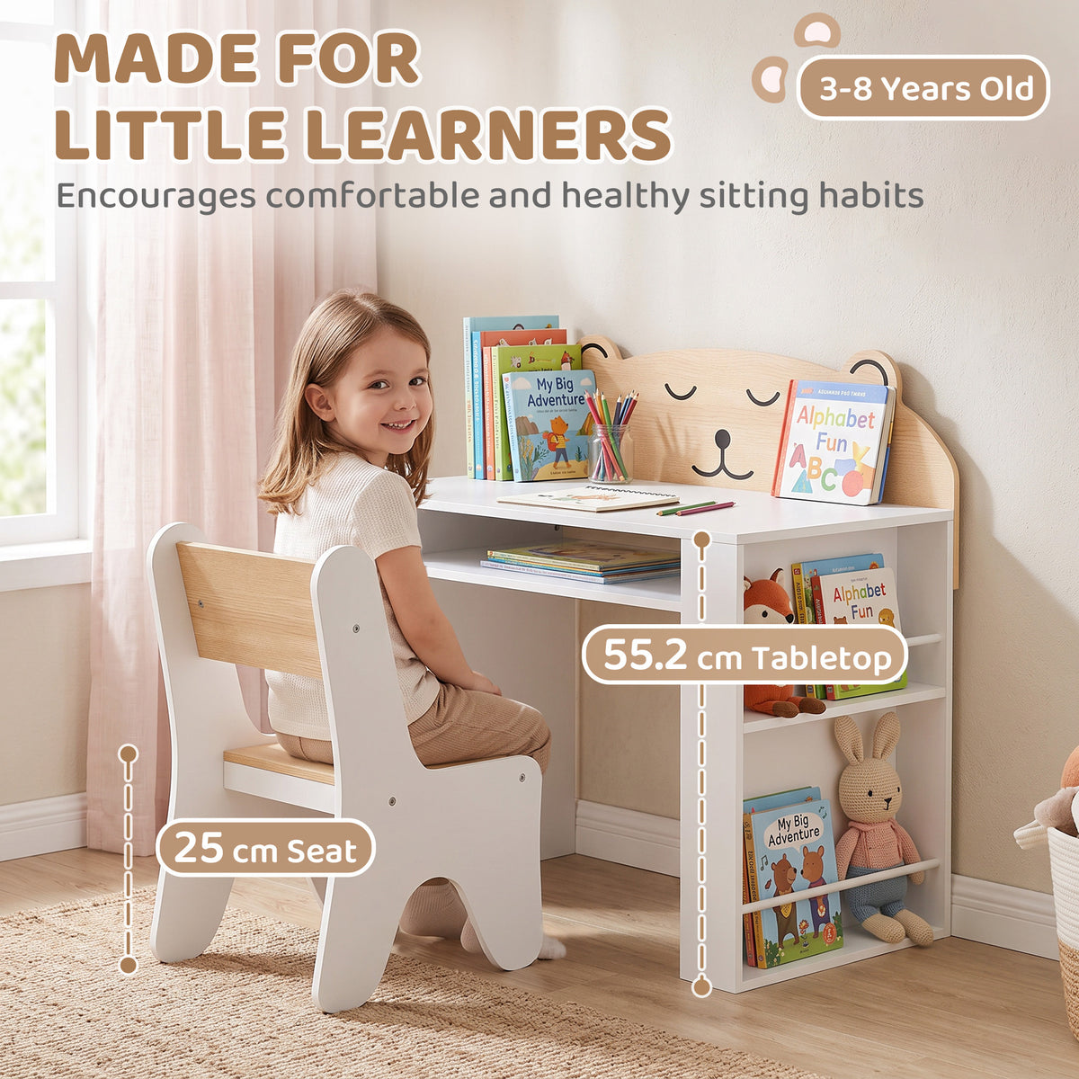Bear kids learning table with chair and side bookshelf for books